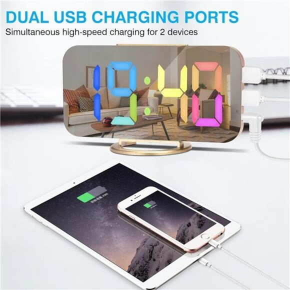 LED Digital Mirror Clock Large Display USB Charger Desk Wall Alarm Bedroom - Picture 3 of 8